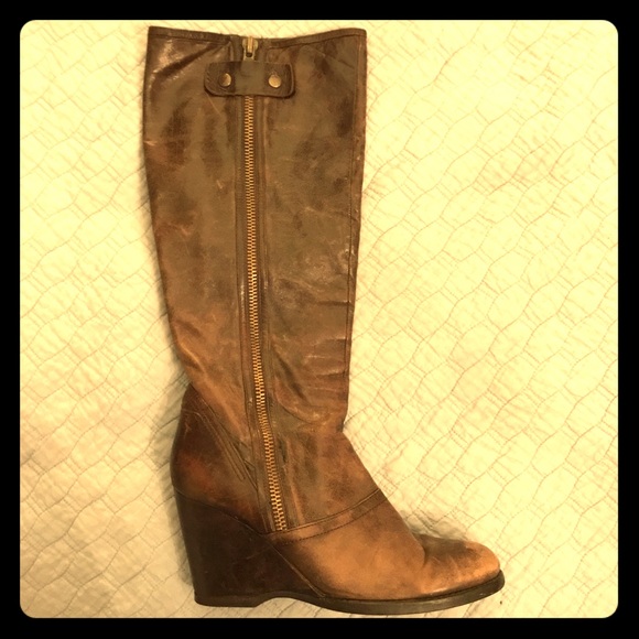 Distressed Leather Wedge Boots - Picture 1 of 6
